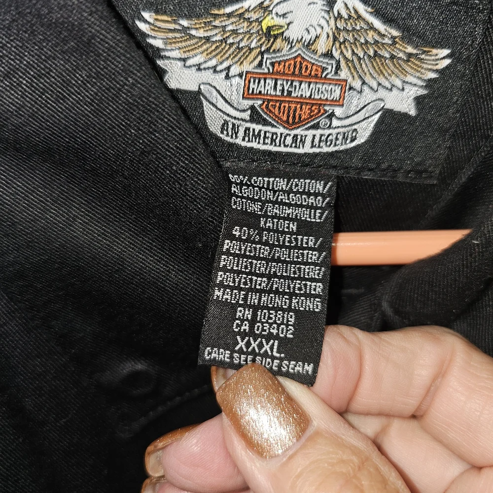 Harley-Davidson Black Short Sleeve Button-Up Shirt with Orange Logo Patches - Picture 6 of 8